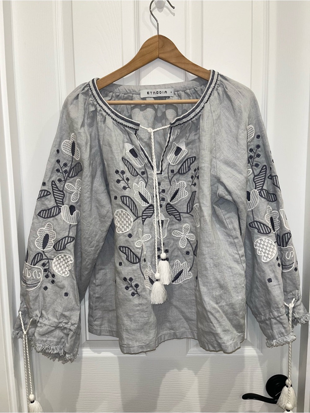 Embroidered Light Gray Peasant Tunic with Tassel Tie